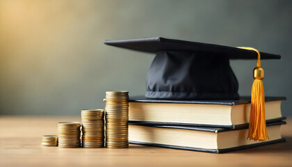 Graduation cap resting on a book beside stacked coins symbolizing education and financial growth, financial investment in learning, created with generative ai
