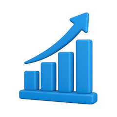 Blue three-dimensional bar chart with upward arrow symbolize business growth and success with rising progress