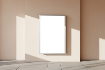 Blank white poster in a frame on a light peach wall with sunlight casting shadows blank poster mock up