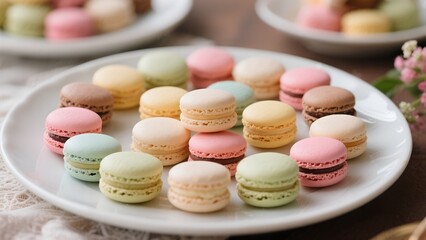 Obraz premium A plate of macaroons in various pastel colors, stacked and arranged on a white plate, with two additional plates and some flowers in the background creating a sweet and aesthetically pleasing scene.