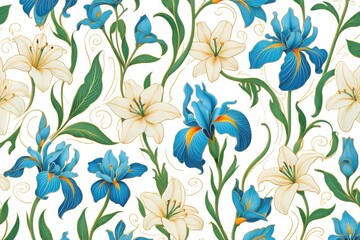 Seamless pattern of blue and white irises with green leaves and stems