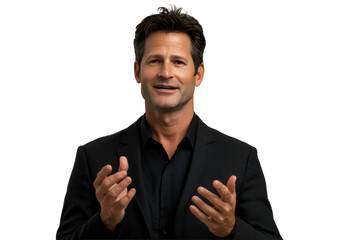 Confident man in black suit gesturing
