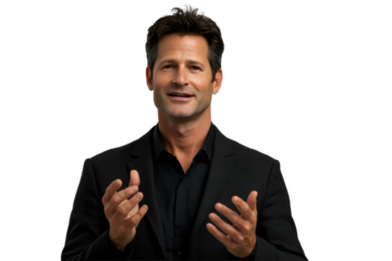 Confident man in black suit gesturing
