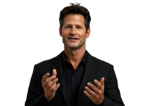 Confident man in black suit gesturing
