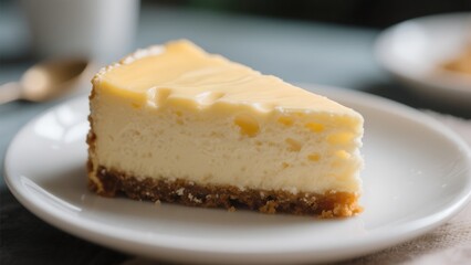 A slice of cheesecake is displayed on a white plate, showcasing its creamy, smooth texture and the crumbly crust.
