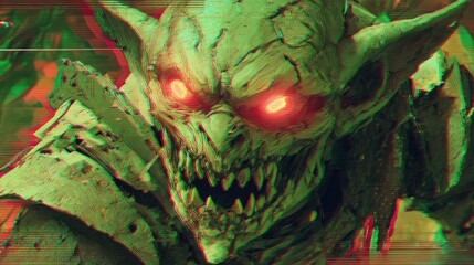 Close-up of a menacing green creature with glowing red eyes, appearing distressed or angry
