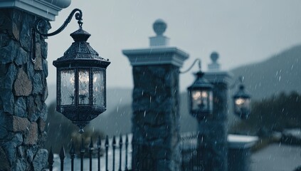 Ornate lanterns on stone pillars in a rain-swept landscape