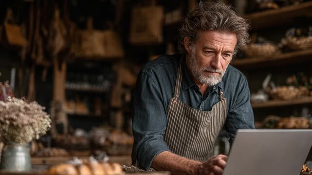 A mature man, in an apron, peers intently at a laptop in a shop, presumably managing his business. Shelves in background