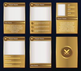 Customizable game card templates featuring a sleek gold and brown design. Perfect for fantasy RPGs and collectible trading card games, with adaptable UI elements for player stats