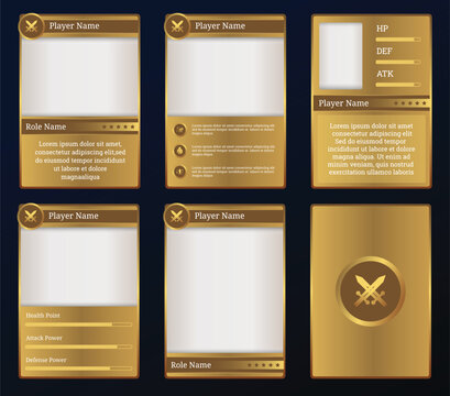 Customizable game card templates featuring a sleek gold and brown design. Perfect for fantasy RPGs and collectible trading card games, with adaptable UI elements for player stats