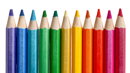 Bright colorful sharpened pencils lined up on white background.
