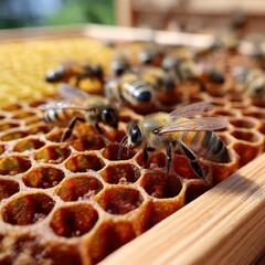 Bees on honeycomb close-up