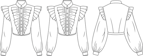 Elegant blouse fashion template, ruffled sleeves and buttoned front, cad drawing flat vector illustration, garment design, apparel sketch layout
