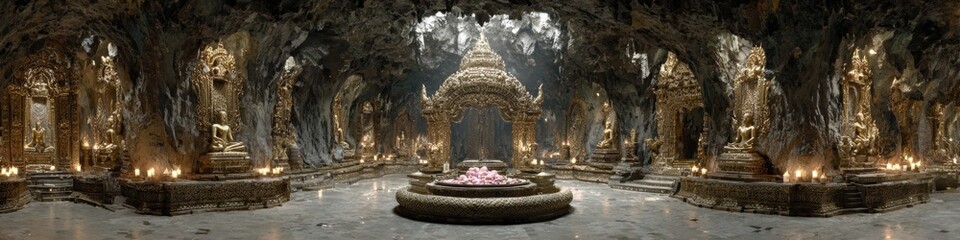 Obraz premium Stunning Ancient Cave Temple Interior with Ornate Architecture and Warm Lighting Premium Spiritual Travel Content for Authentic Exploration and Cultural Inspiration