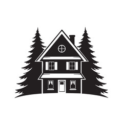 Cabin in the Woods Retreat Black and White Graphic Silhouette Vector Illustration Forest Home Design for Logo and Branding