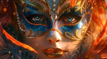 Elegant Masquerade Mask Woman Golden Blue Sparkle