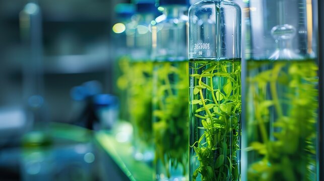 Close-up of photobiorers cultivating microalgae for actobiofuel production, nutrient-rich water, green biotechnology, laboratory environment, blue-green color scheme