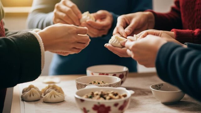Multi-person hand-made dumpling making scene