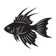 Black and white vector illustration of a spiky tropical fish silhouette on a white background perfect for logos and designs