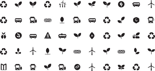 Collection of black and white icons representing nature and eco friendly transportation green energy