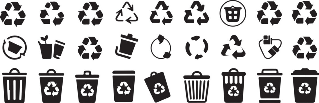 Collection of black recycling symbols and trash cans on white background recycle garbage bin