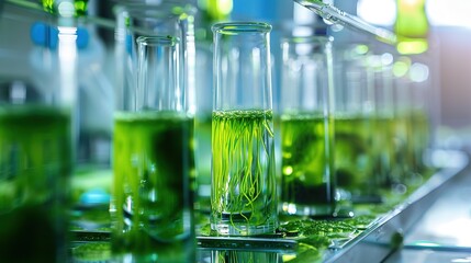 Close-up of photobiorers cultivating microalgae for actobiofuel production, nutrient-rich water, green biotechnology, laboratory environment, blue-green color scheme