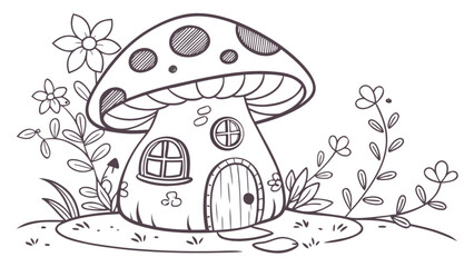 Mushroom house coloring page for kids, fairy tale home printable, fantasy garden drawing, outline art for children