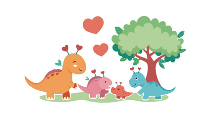 Cute cartoon dinosaur family illustration with hearts and tree for kids children design concept art