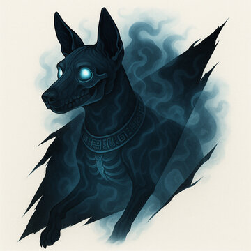 Spiritual Xoloitzcuintli with Glowing Skeleton and Mayan Runes in Dark Vector Style