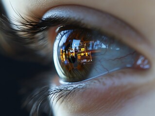 Obraz premium Close-up of human eye reflecting urban cityscape, showcasing vivid details and vibrant colors.