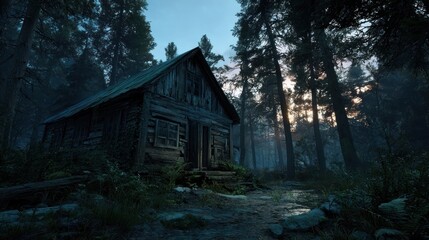 Dim dusk bathes a weathered cabin surrounded by dense forest trees