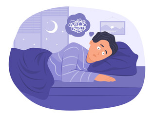 Insomnia Man Lying in Bed with Stress and Confused Feeling for Sleepless Concept Illustration