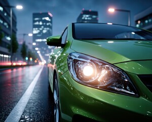 Green car at night in city street