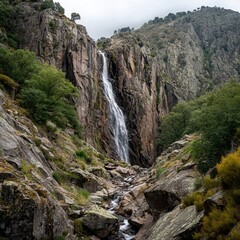Obraz premium Thin Waterfall Cascading Down a Cliff Face.