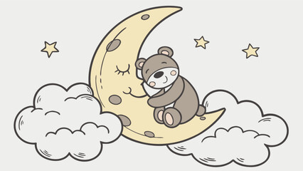 Cute teddy bear sleeping on moon illustration for kids nursery decor and baby room wall art print design