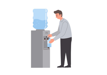 Modern Vector Illustration of Man Filling Water Bottle at Dispenser in Minimalist Style