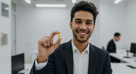 Confident Businessman Holding Yellow Capsule Modern Office Setting.