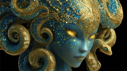 A close-up of a stylized Medusa, her face painted blue with gold and blue glitter, surrounded by golden snakes