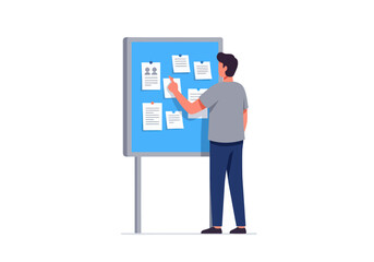Illustration Vector of a Man with a Notice Board Posting Notes in a Modern Flat Design
