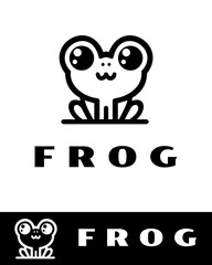 Cute cartoon frog logo design featuring bold outlines and large expressive eyes in flat and minimalist style 