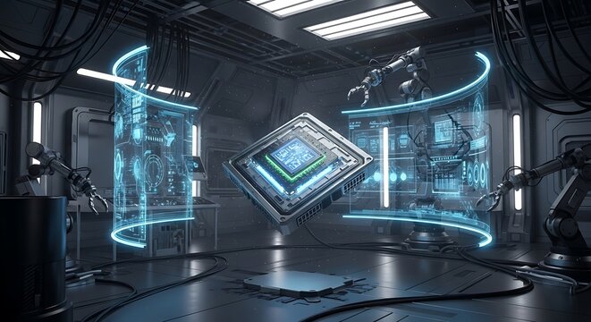 Futuristic Chip Manufacturing Robotic Arms and Holographic Displays in a HighTech Lab. - Powered by Adobe