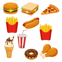 Collection of delicious fast food items including burger sandwich pizza fries hot dog ice cream soda donut and fried chicken isolated on transparent background