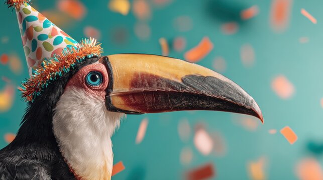 Festive Toucan celebrates with party hat and confetti