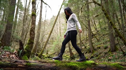 Woman walks on a mossy log over a small stream through a lush, green temperate forest