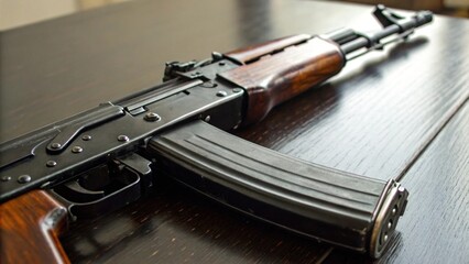 Close Up of AK 47 Assault Rifle with Detailed Trigger and Magazine on Wooden Background
