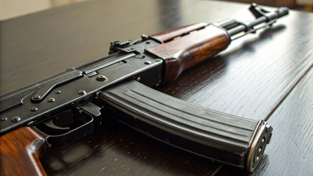 Close Up of AK 47 Assault Rifle with Detailed Trigger and Magazine on Wooden Background