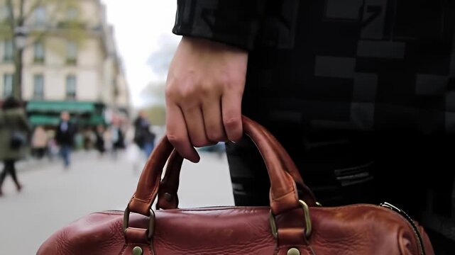 A person carries a brown leather bag through a blurred city street during daytime
