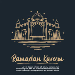 Ramadan Kareem. Illustration vector graphic. Design concept Mosque with lantern in Hand Drawn Sketch style, Perfect for Islamic Holy Month, banner, Postcard social media, greeting card