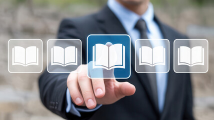 Confident businessman selects digital learning option from illuminated interface, embracing modern education and knowledge acquisition.