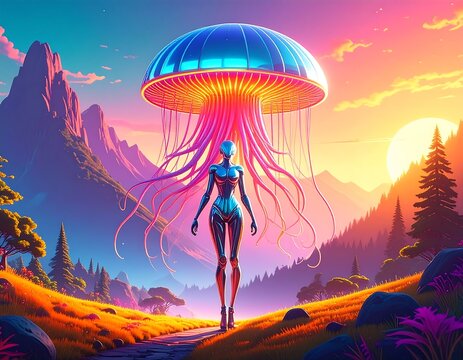 Futuristic figure under a bioluminescent jellyfish